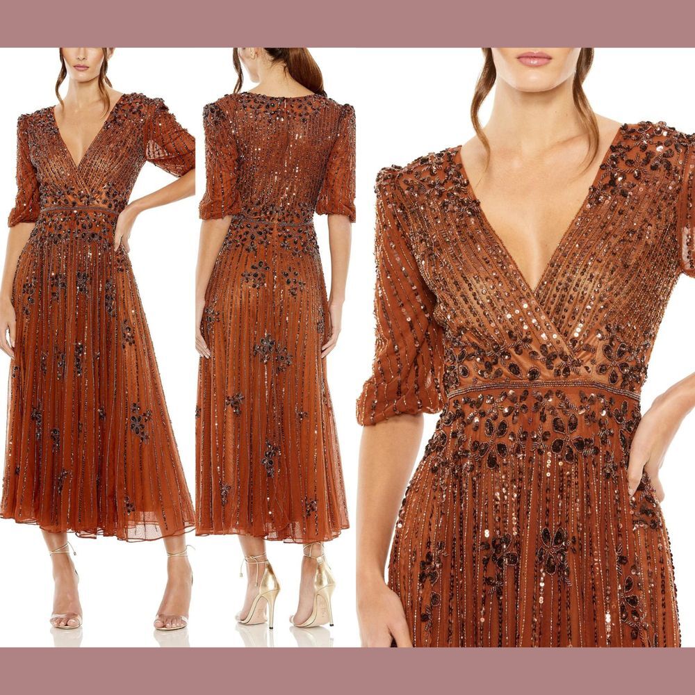 NWT Mac Duggal [ 14 ] 5995 Puff Quarter Length Sleeve V Neck‎ Dress Cinnamon